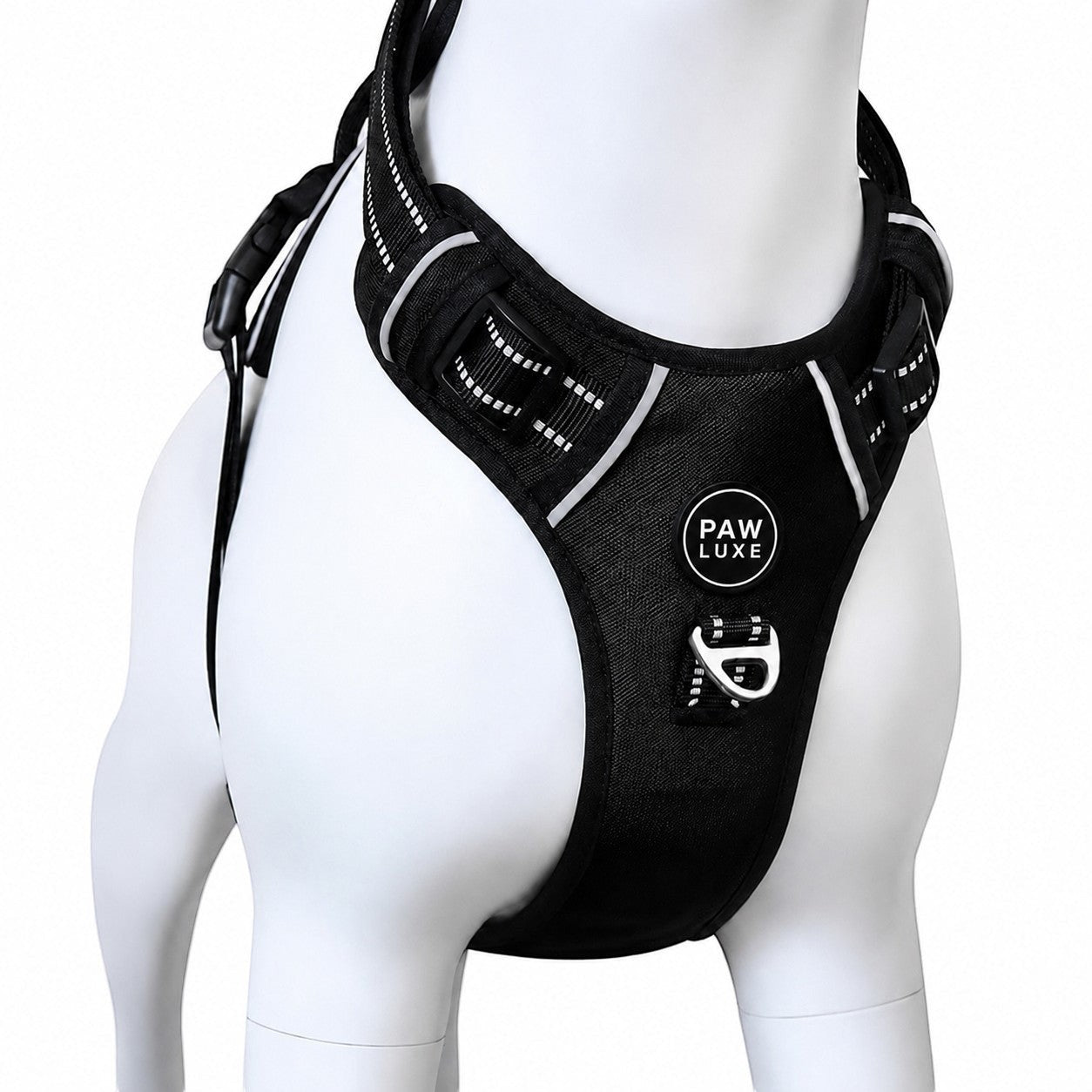Paw Luxe black no-pull dog harness with reflective stitching and metal D-ring on a white mannequin
