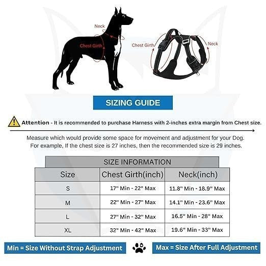 Paw Luxe no-pull dog harness sizing guide showing measurements for chest girth and neck for sizes S to XL