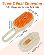 Paw Luxe Pet Steam Brush with orange silicone bristles and cream body, showing dimensions and Type-C charging port.