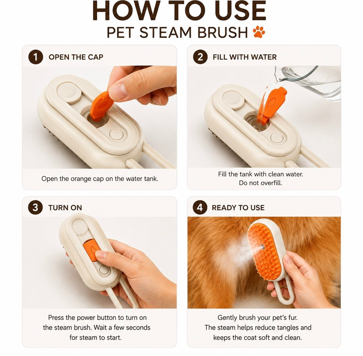 Paw Luxe Pet Steam Brush instructional guide showing how to fill the water tank and use the steam grooming tool